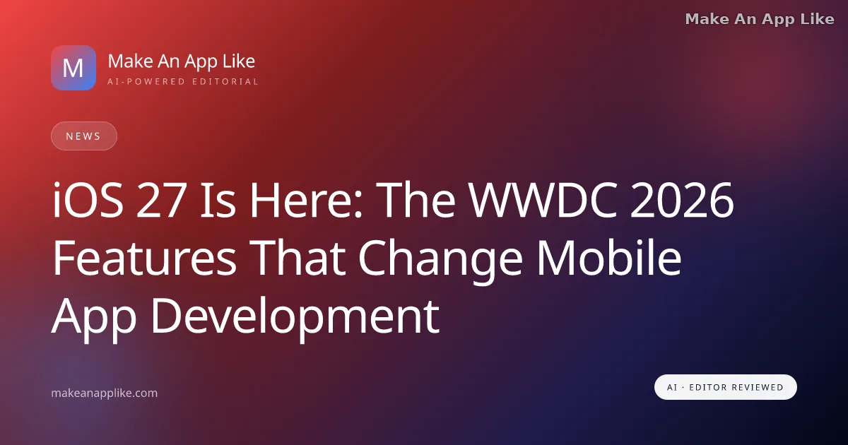 Editorial cover image for "iOS 27 Is Here: The WWDC 2026 Features That Change Mobile App Development" — News guide on Make An App Like