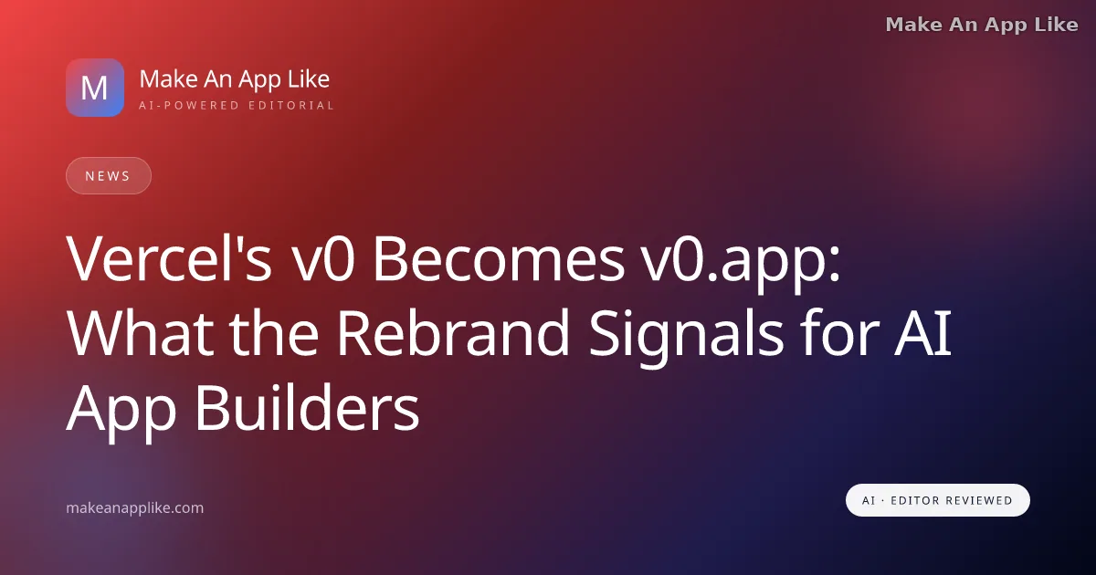 Editorial cover image for "Vercel's v0 Becomes v0.app: What the Rebrand Signals for AI App Builders" — News guide on Make An App Like
